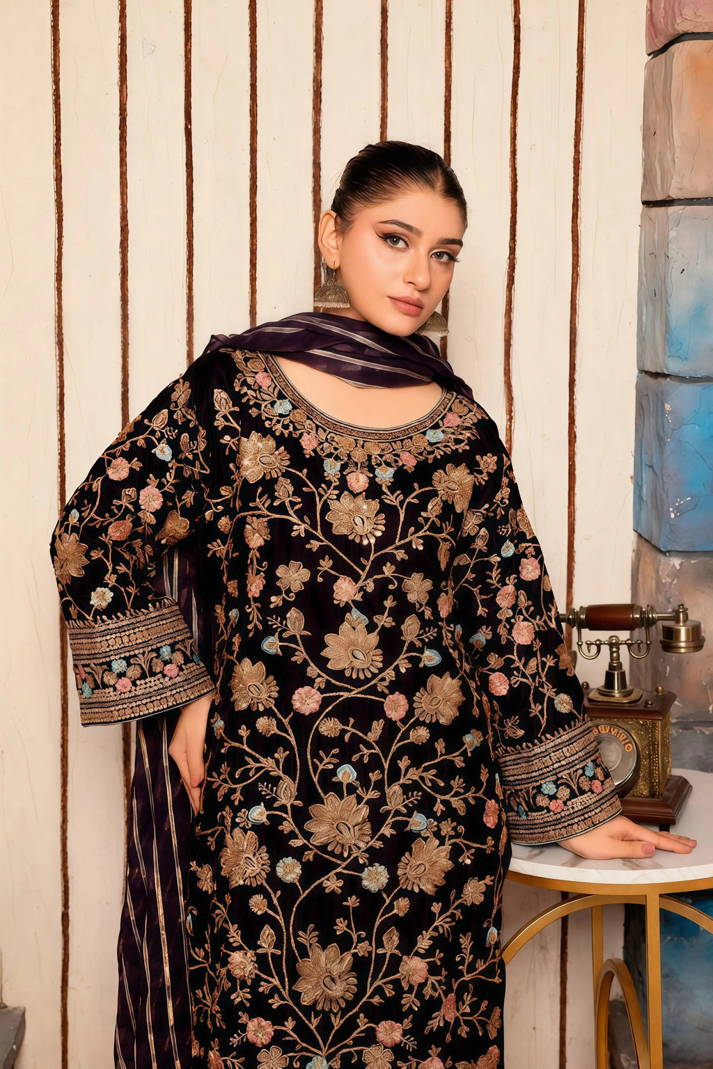 Handmade Velvet 3-Piece Suit with Embroidery – Detail Close-Up | BG Creation | CO-786