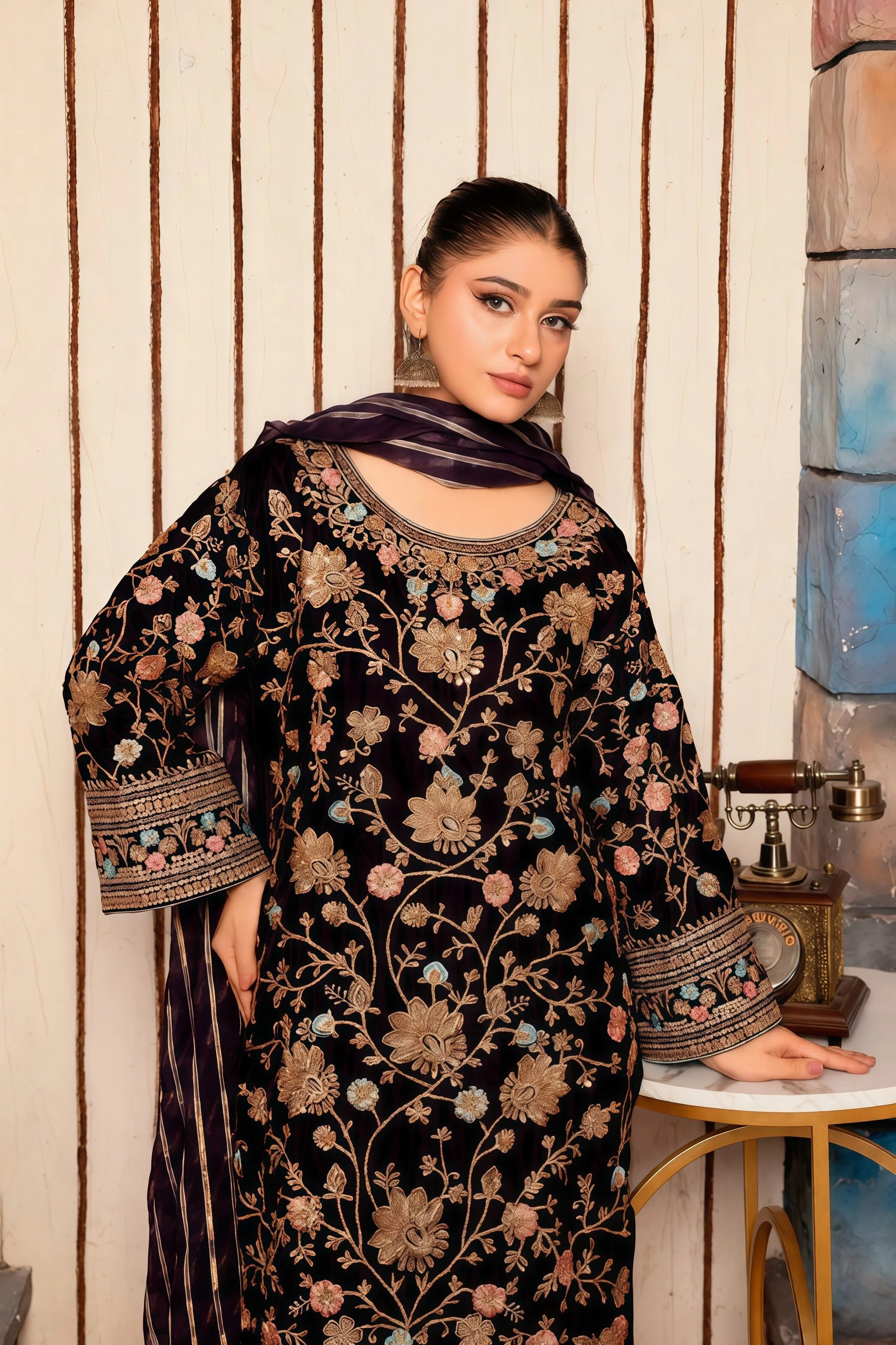 Handmade Velvet 3-Piece Suit with Embroidery – Detail Close-Up | BG Creation | CO-786