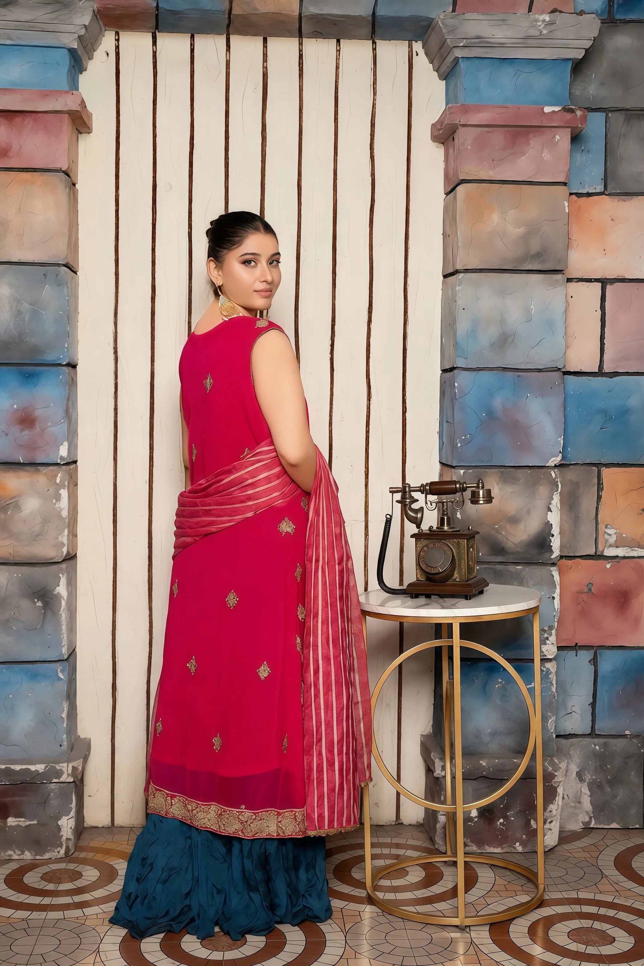 Luxury Chiffon Frock with Handmade Embroidery & Sequins – Back View | BG Creation | RB-793F