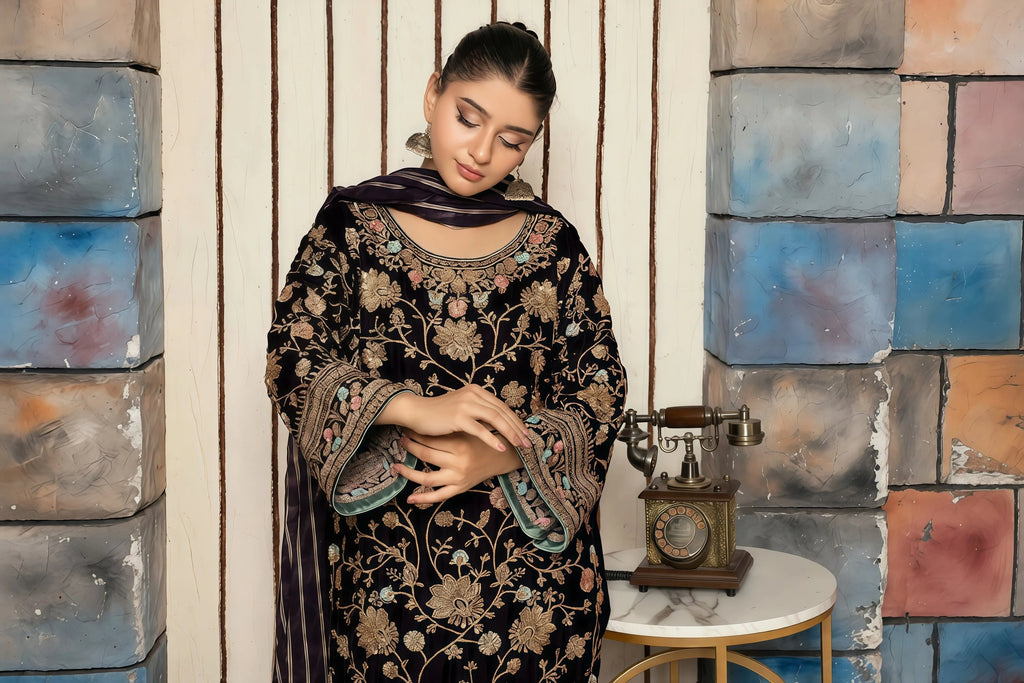 Handmade Velvet 3-Piece Suit with Embroidery – Detailed Front | BG Creation | CO-786