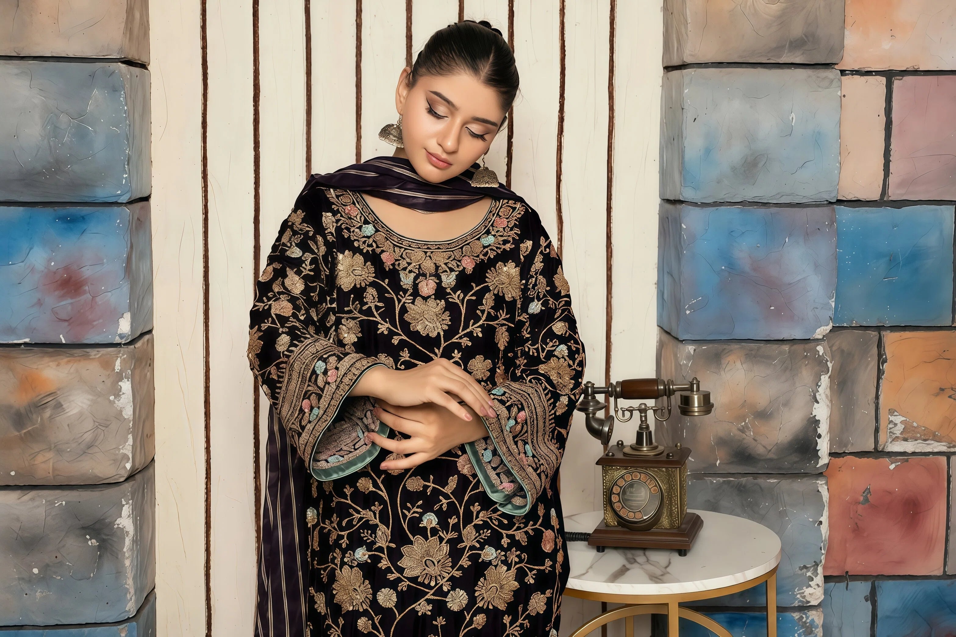 Handmade Velvet 3-Piece Suit with Embroidery – Detailed Front | BG Creation | CO-786