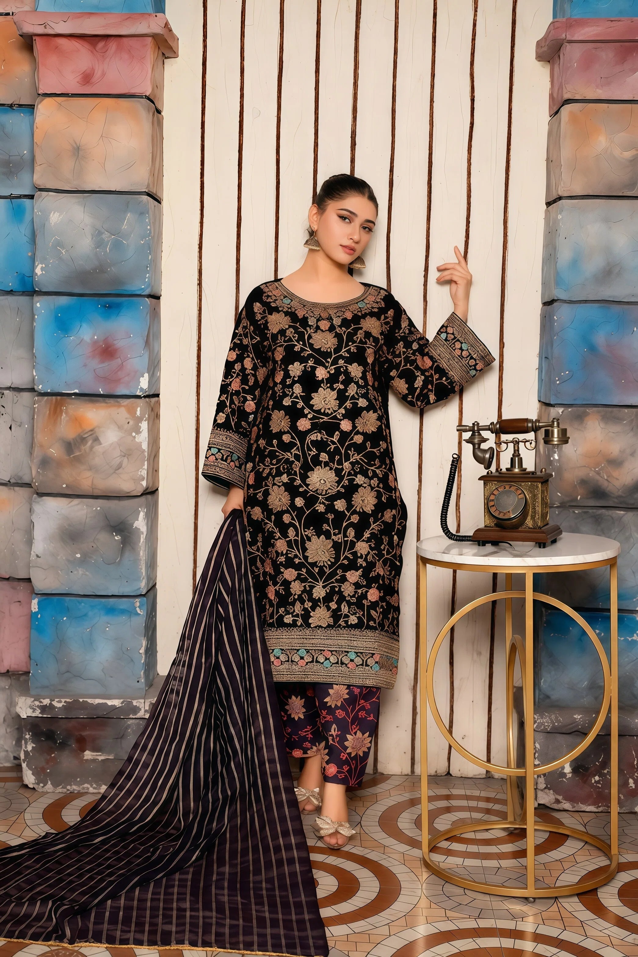 Handmade Velvet 3-Piece Suit with Embroidery – Front View | BG Creation | CO-786