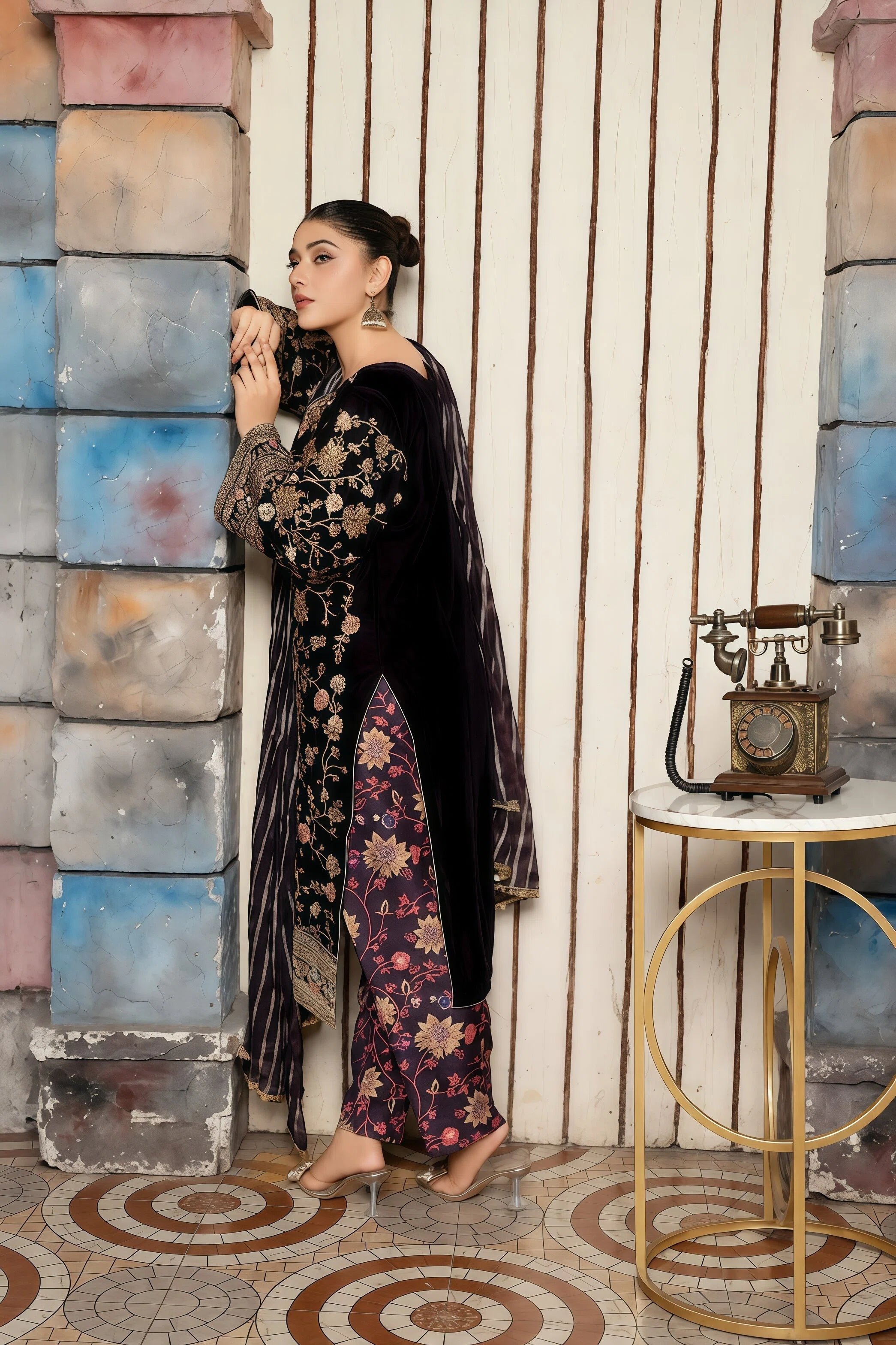 Handmade Velvet 3-Piece Suit with Embroidery – Side View | BG Creation | CO-786