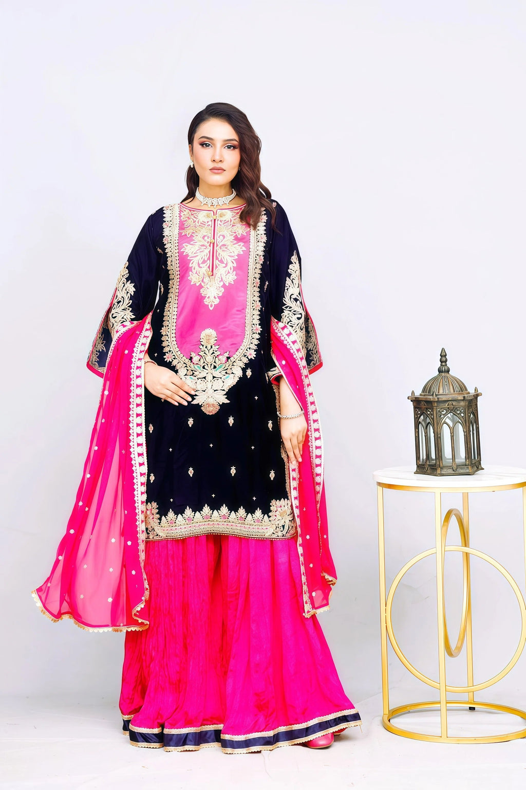 Premium Chiffon Suit with Embroidery & Crush Sharara – Front View | BG Creation | BD-829