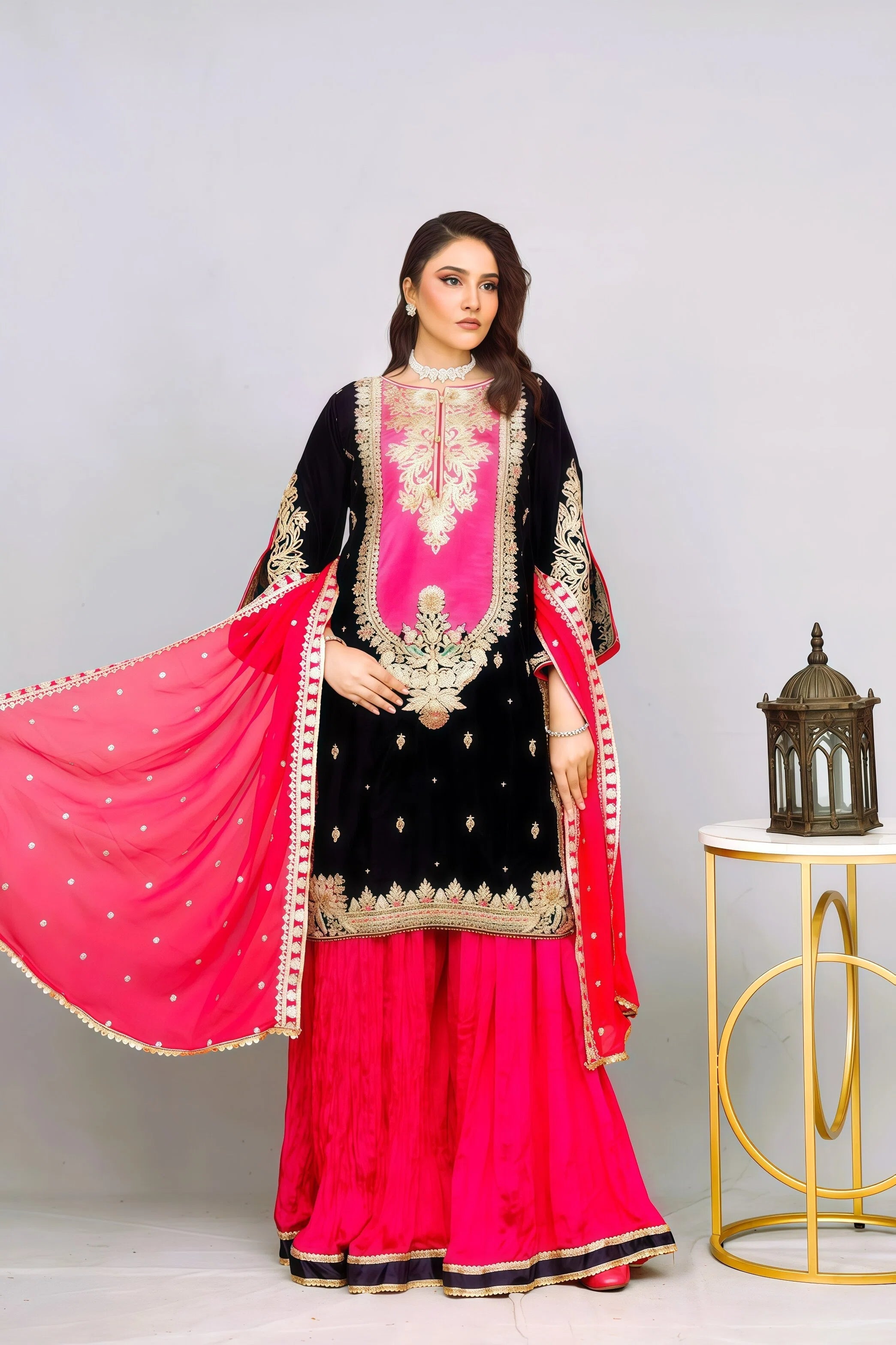 Premium Chiffon Suit with Embroidery & Crush Sharara – Front Pose | BG Creation | BD-829