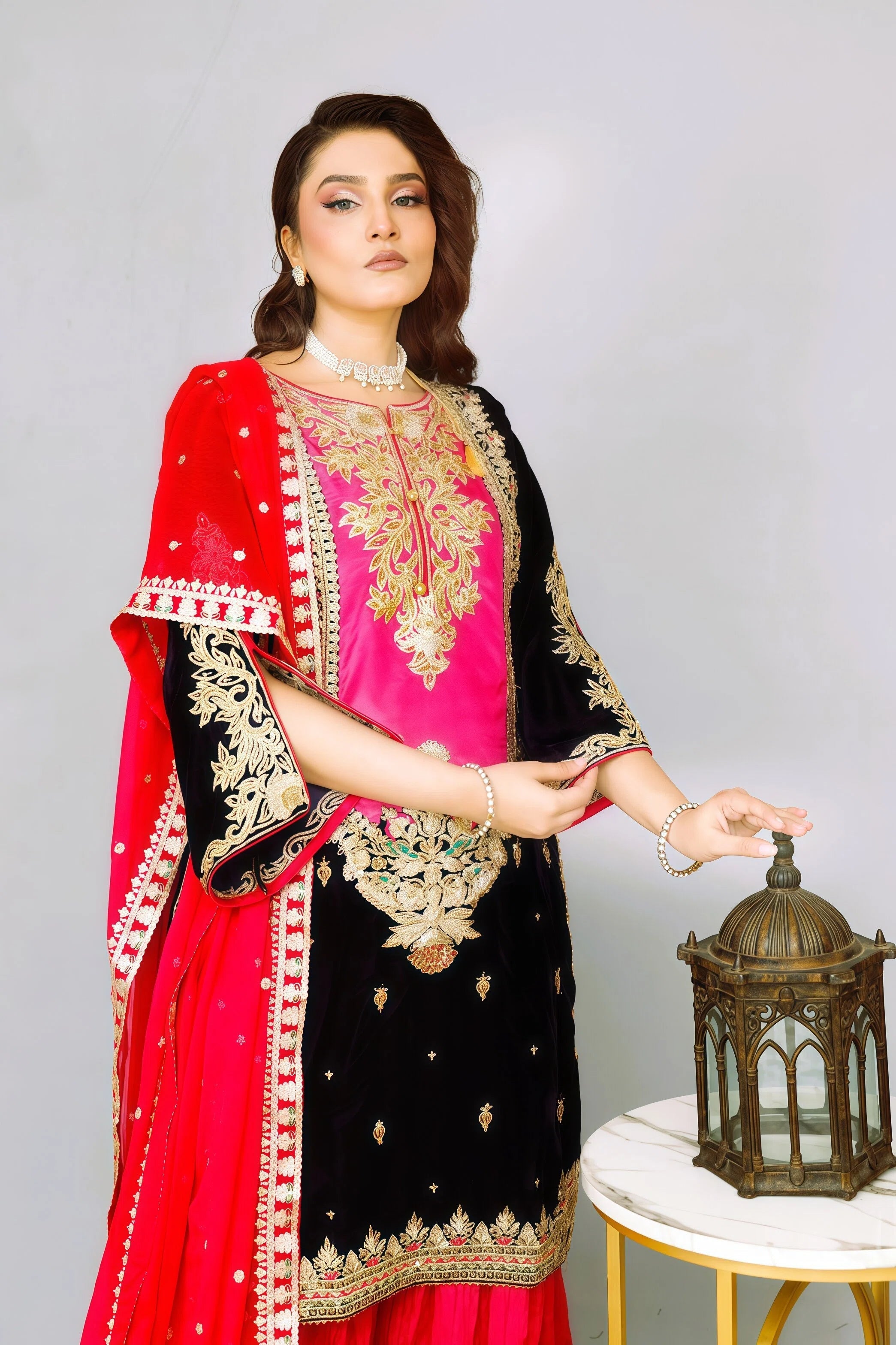Premium Chiffon Suit with Embroidery & Crush Sharara – Model Pose 1 | BG Creation | BD-829