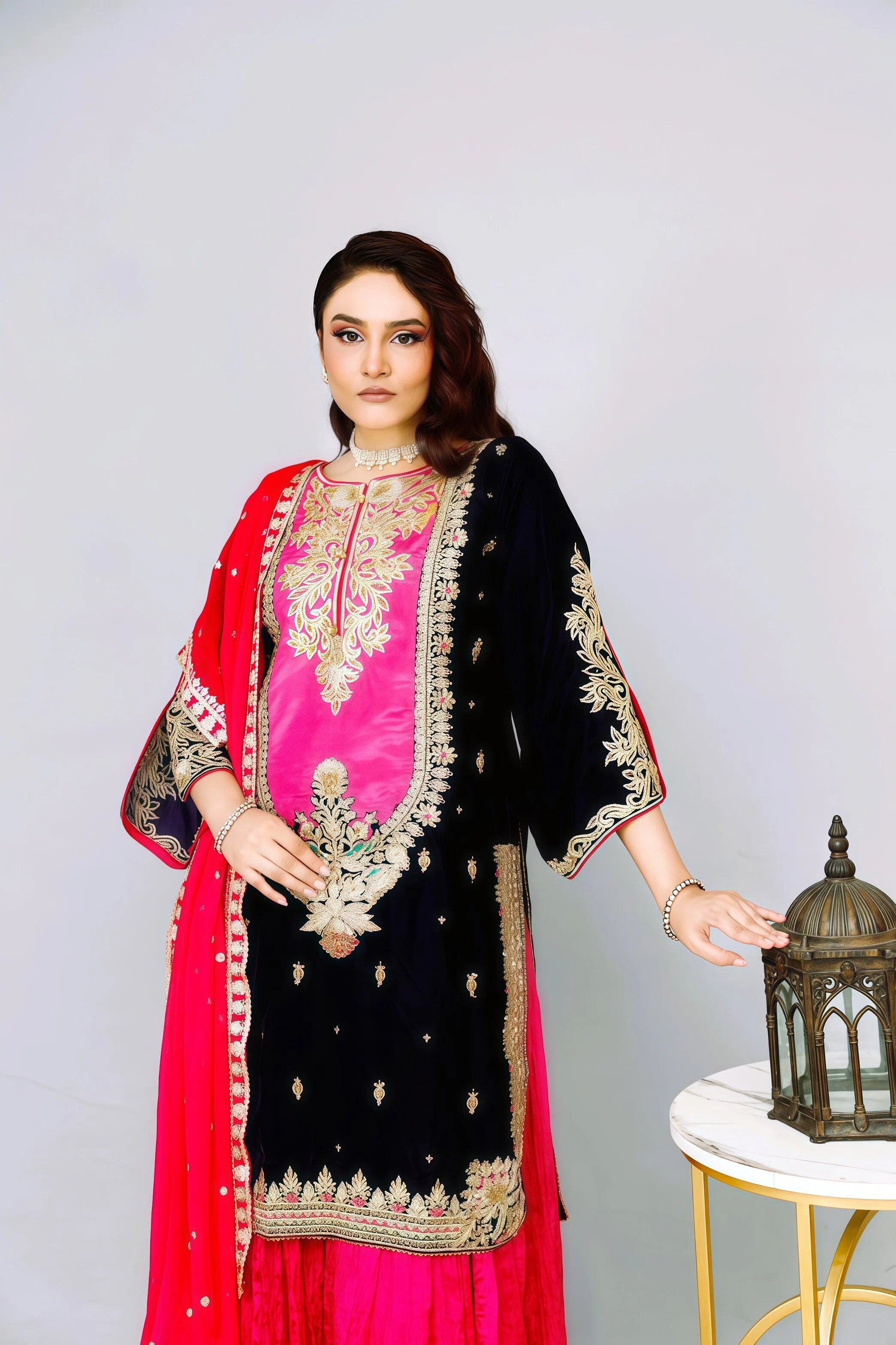Premium Chiffon Suit with Embroidery & Crush Sharara – Model Pose 2 | BG Creation | BD-829