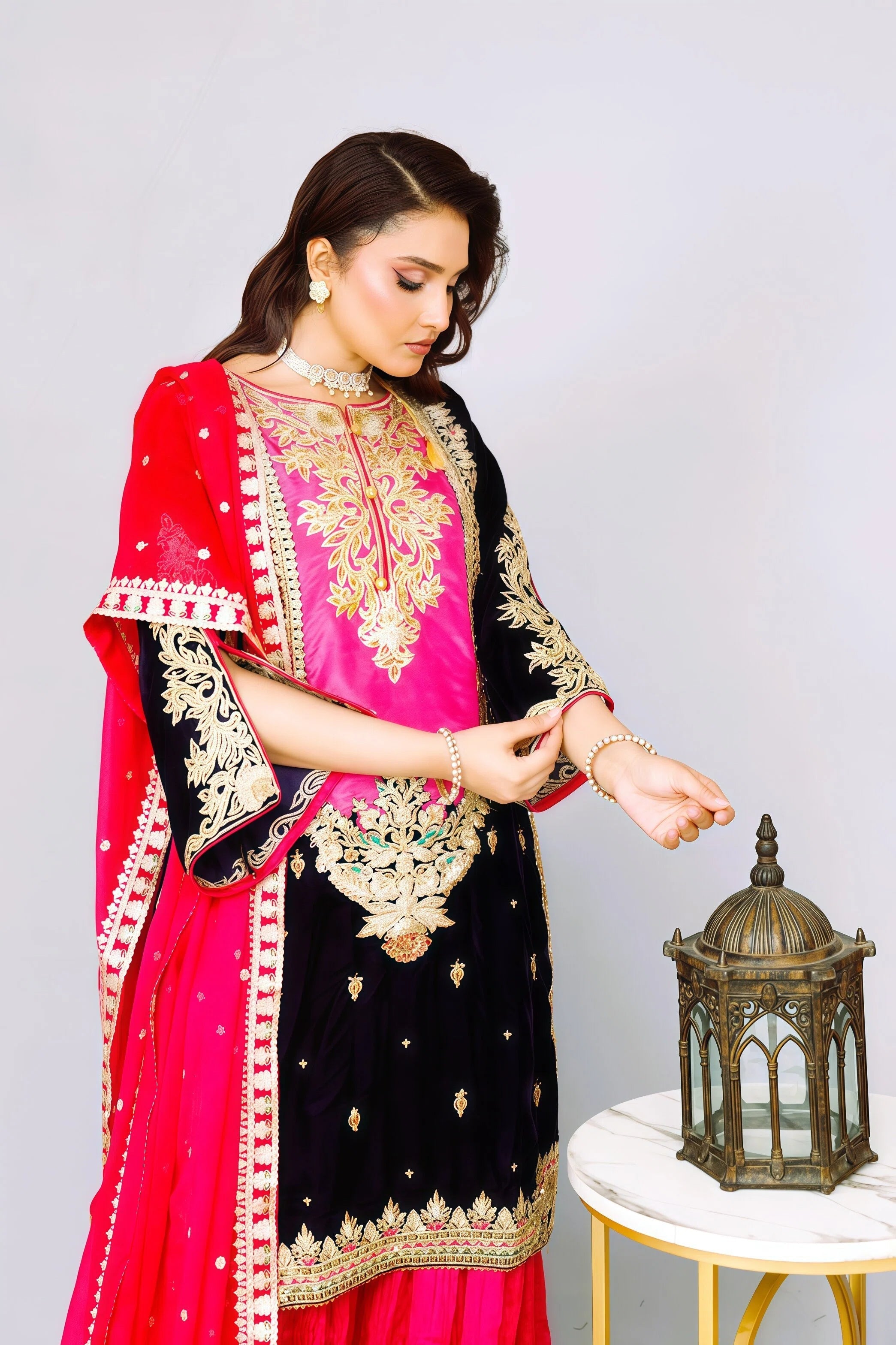 Premium Chiffon Suit with Embroidery & Crush Sharara – Model Pose | BG Creation | BD-829