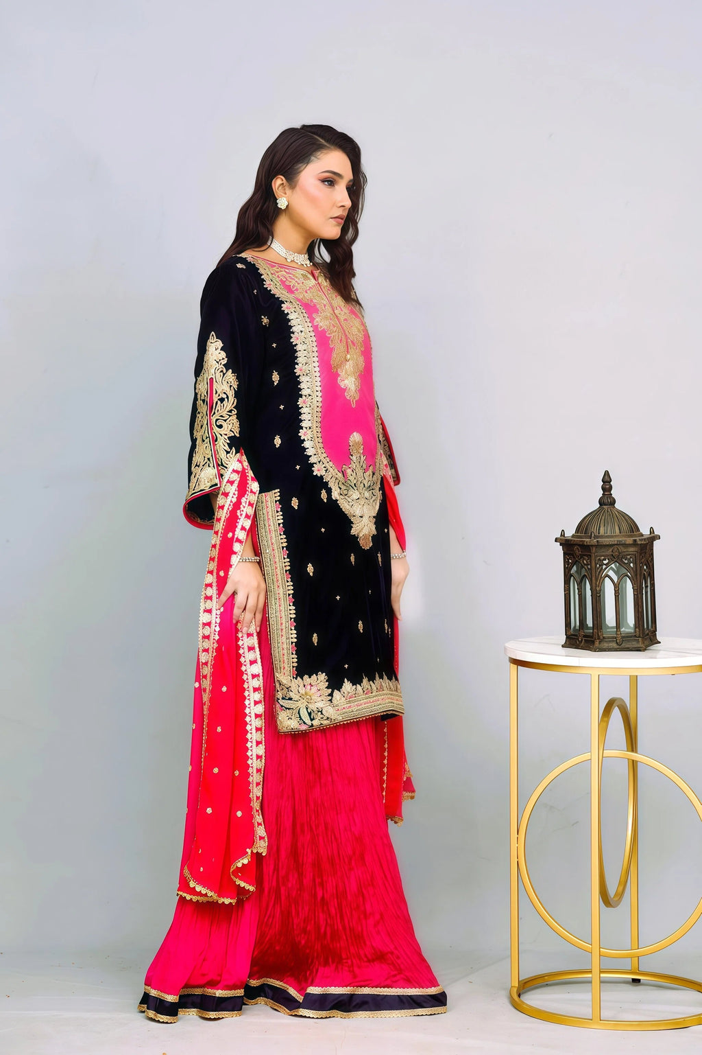 Premium Chiffon Suit with Embroidery & Crush Sharara – Side Pose | BG Creation | BD-829