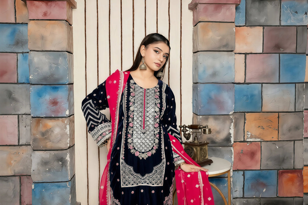 Chiffon Suit with Full Embroidery, Sequins & Silver Stone – Front Pose | BG Creation | BR-841