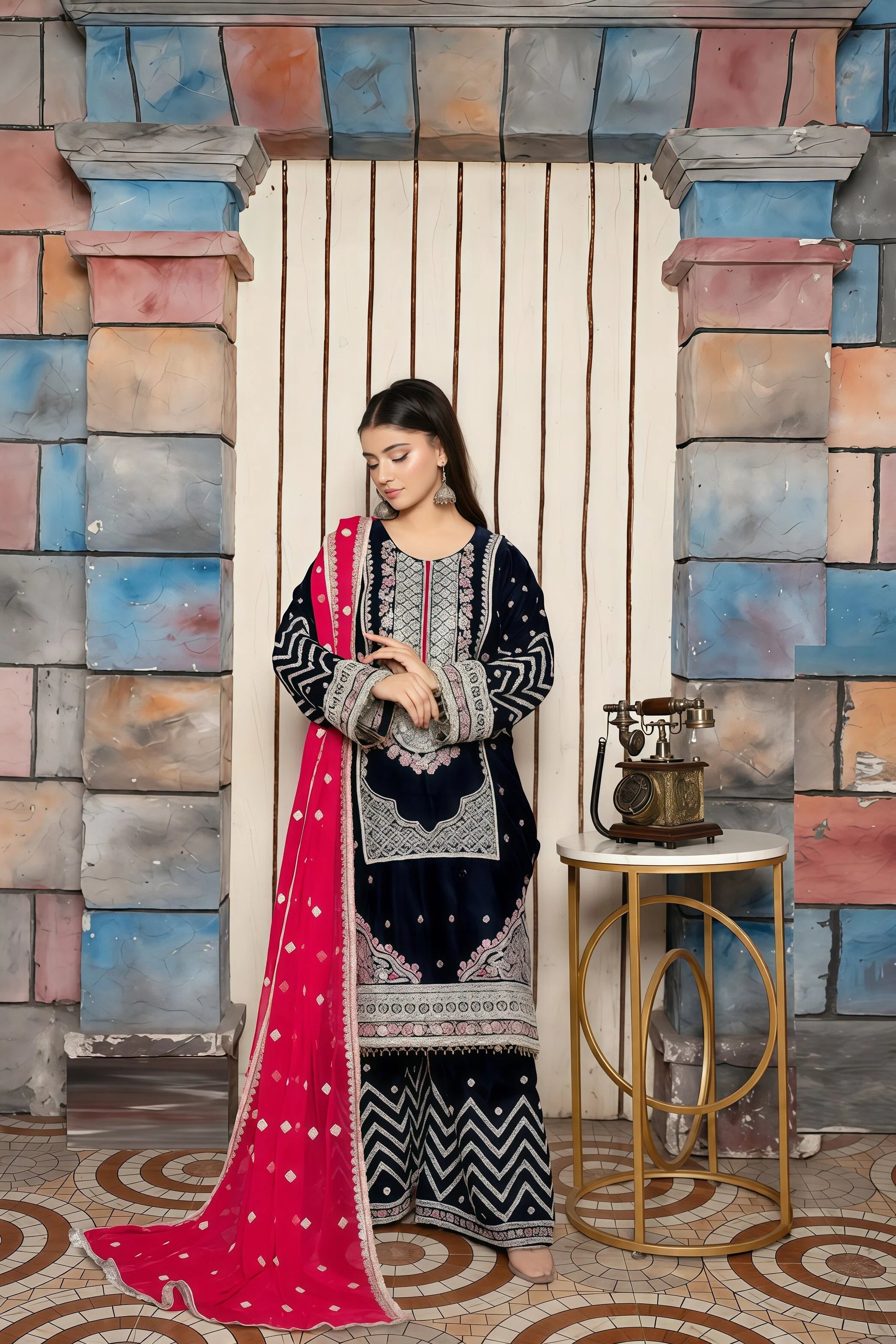 Chiffon Suit with Full Embroidery, Sequins & Silver Stone – Front View | BG Creation | BR-841