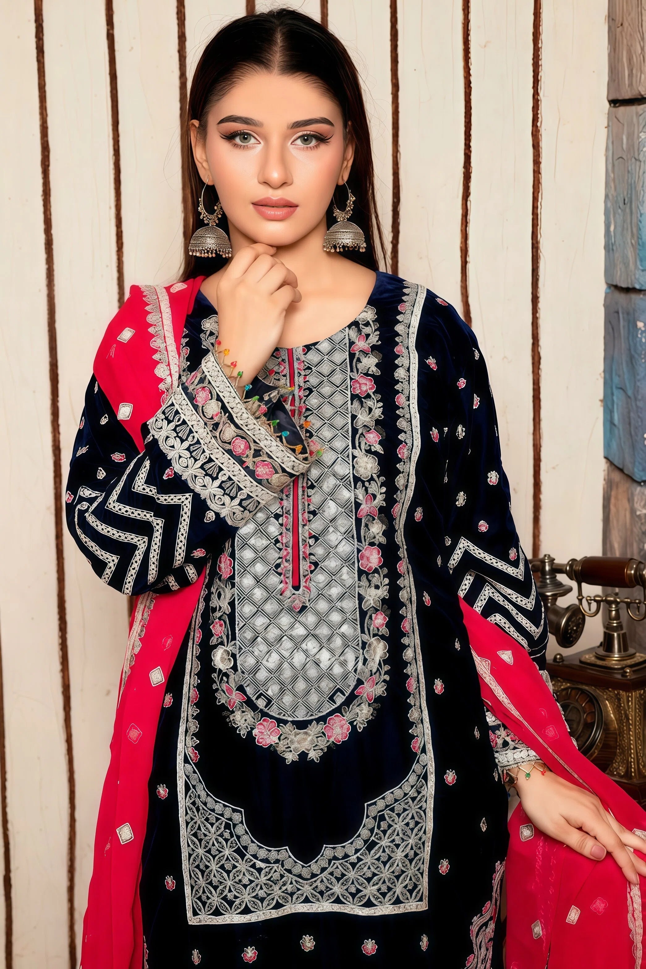Chiffon Suit with Full Embroidery, Sequins & Silver Stone – Model Pose | BG Creation | BR-841