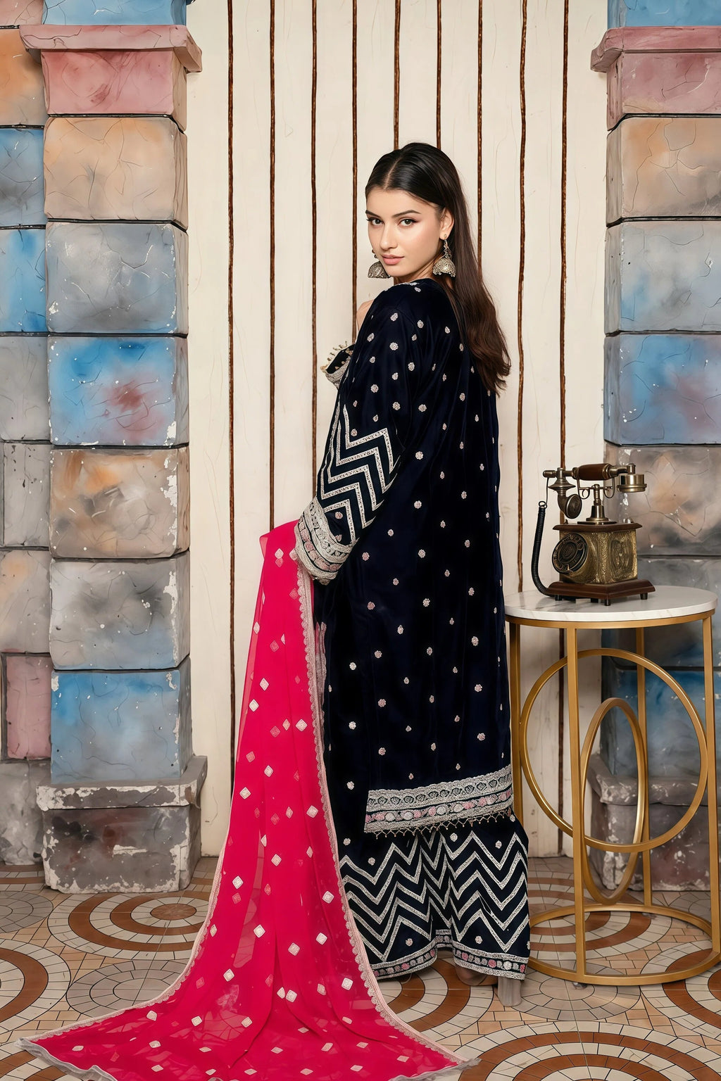 Chiffon Suit with Full Embroidery, Sequins & Silver Stone – Side View | BG Creation | BR-841