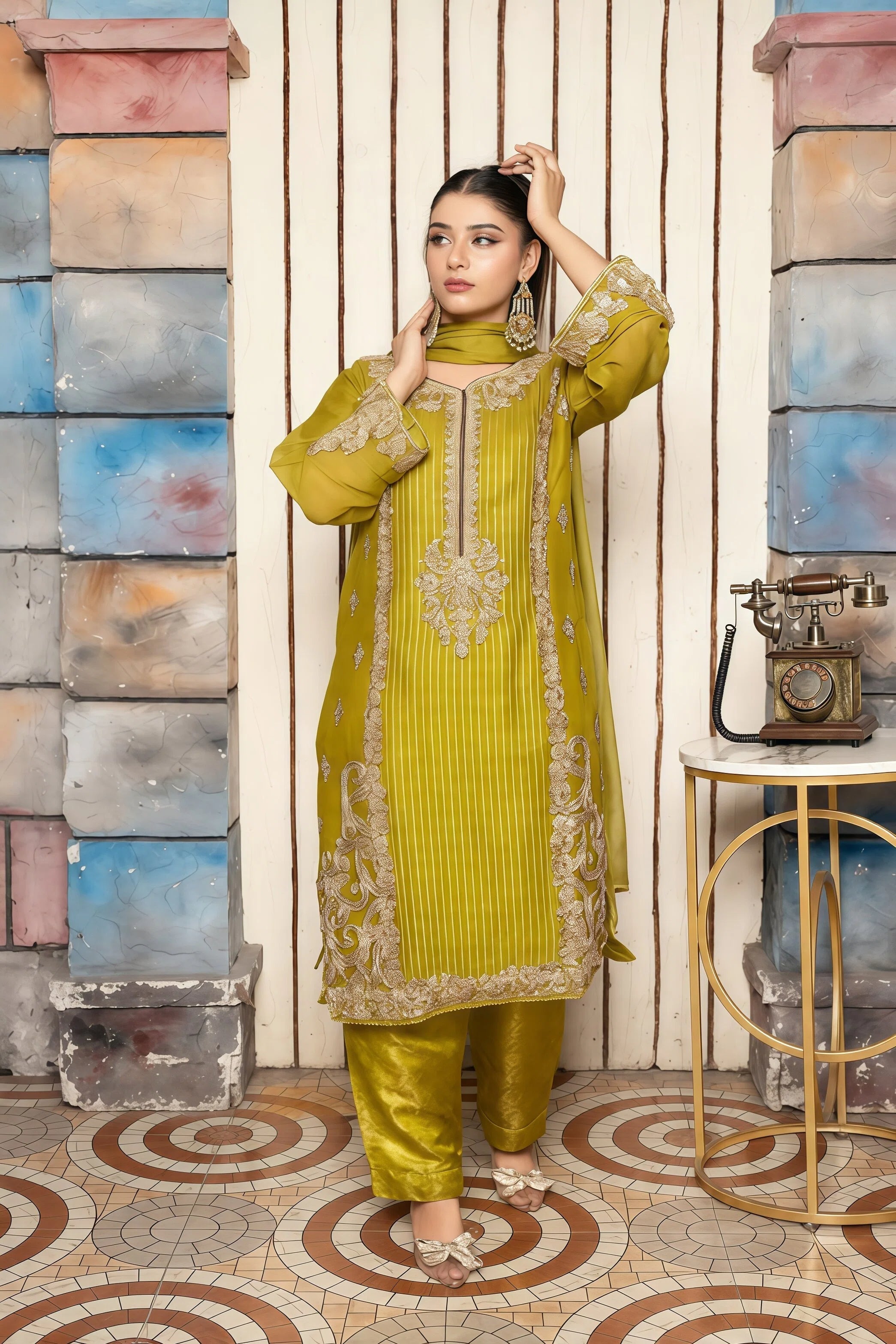 Chiffon Suit with Handmade Embroidery & Zari – Front Pose | BG Creation | CA-793S