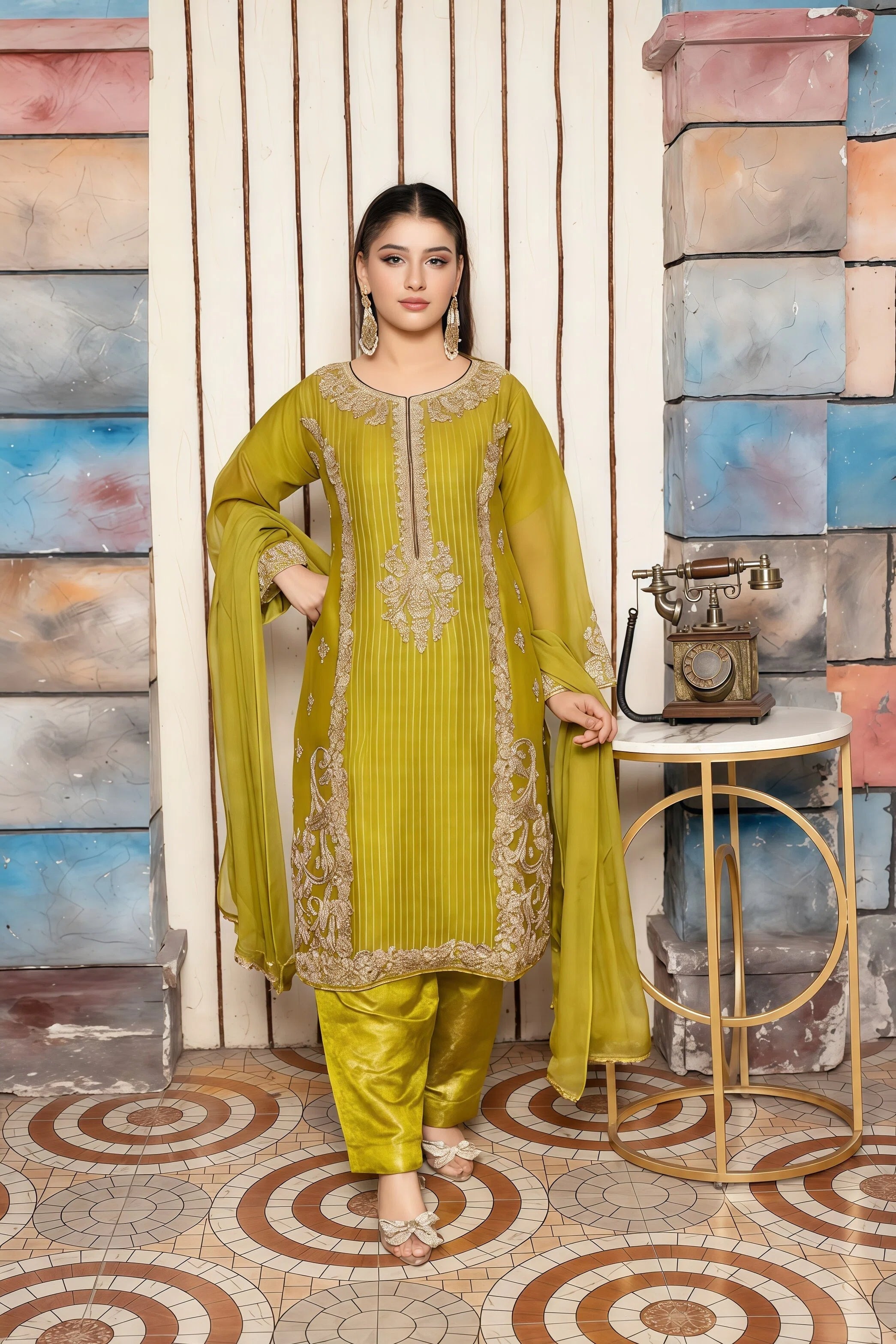 Chiffon Suit with Handmade Embroidery & Zari – Front View | BG Creation | CA-793S
