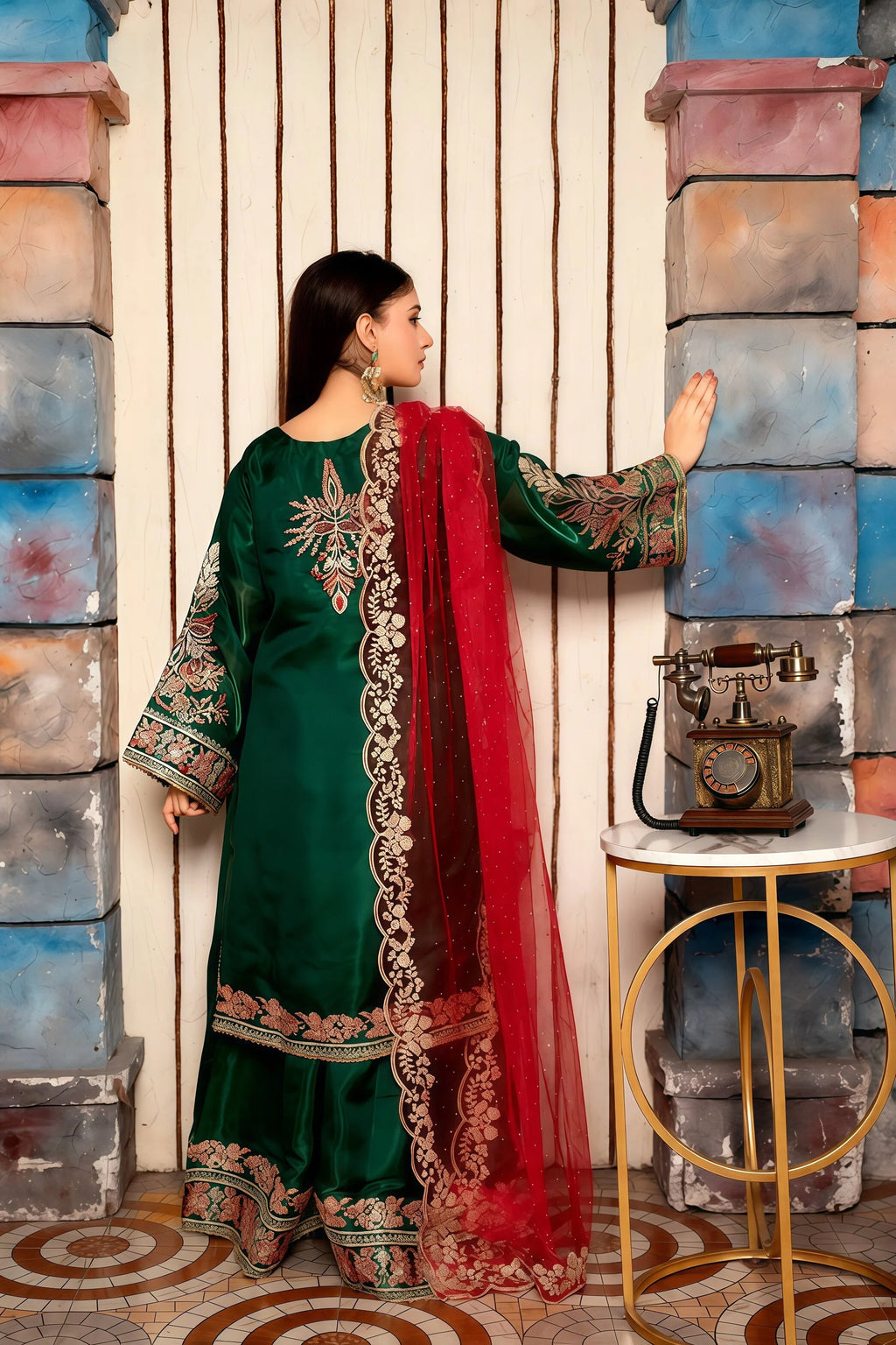 Trendy Korean Silk Suit with Garara & Net Dupatta – Back View | BG Creation | KB-846
