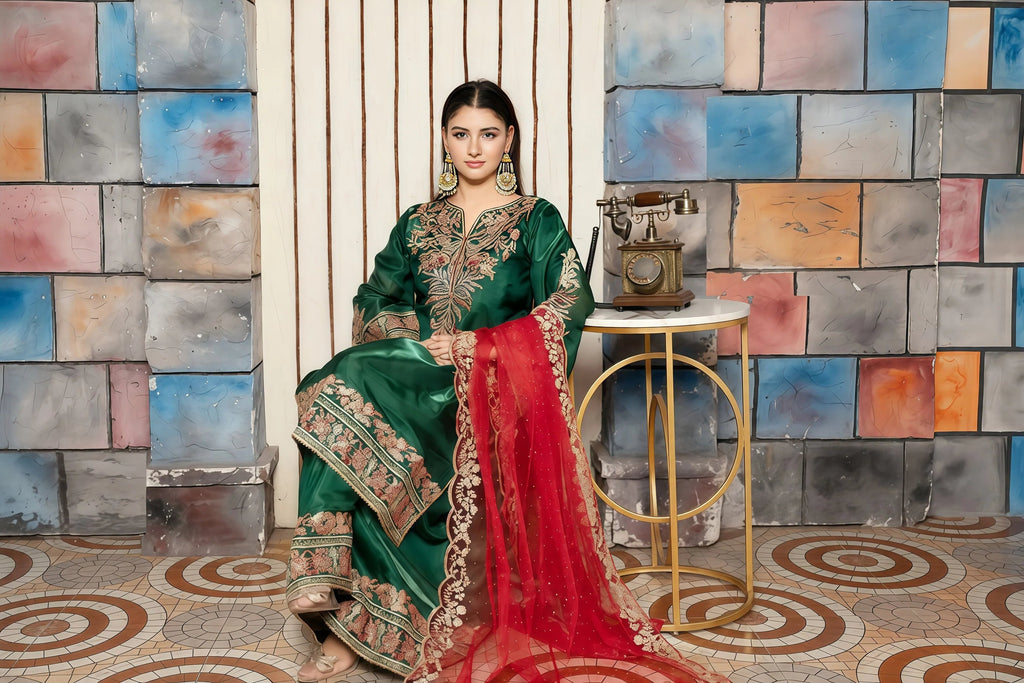 Trendy Korean Silk Suit with Garara & Net Dupatta – Model Pose 2 | BG Creation | KB-846