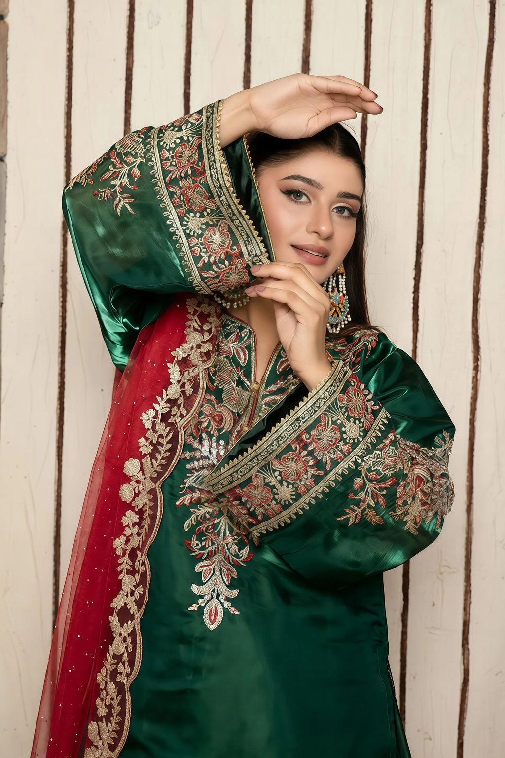 Trendy Korean Silk Suit with Garara & Net Dupatta – Model Pose | BG Creation | KB-846