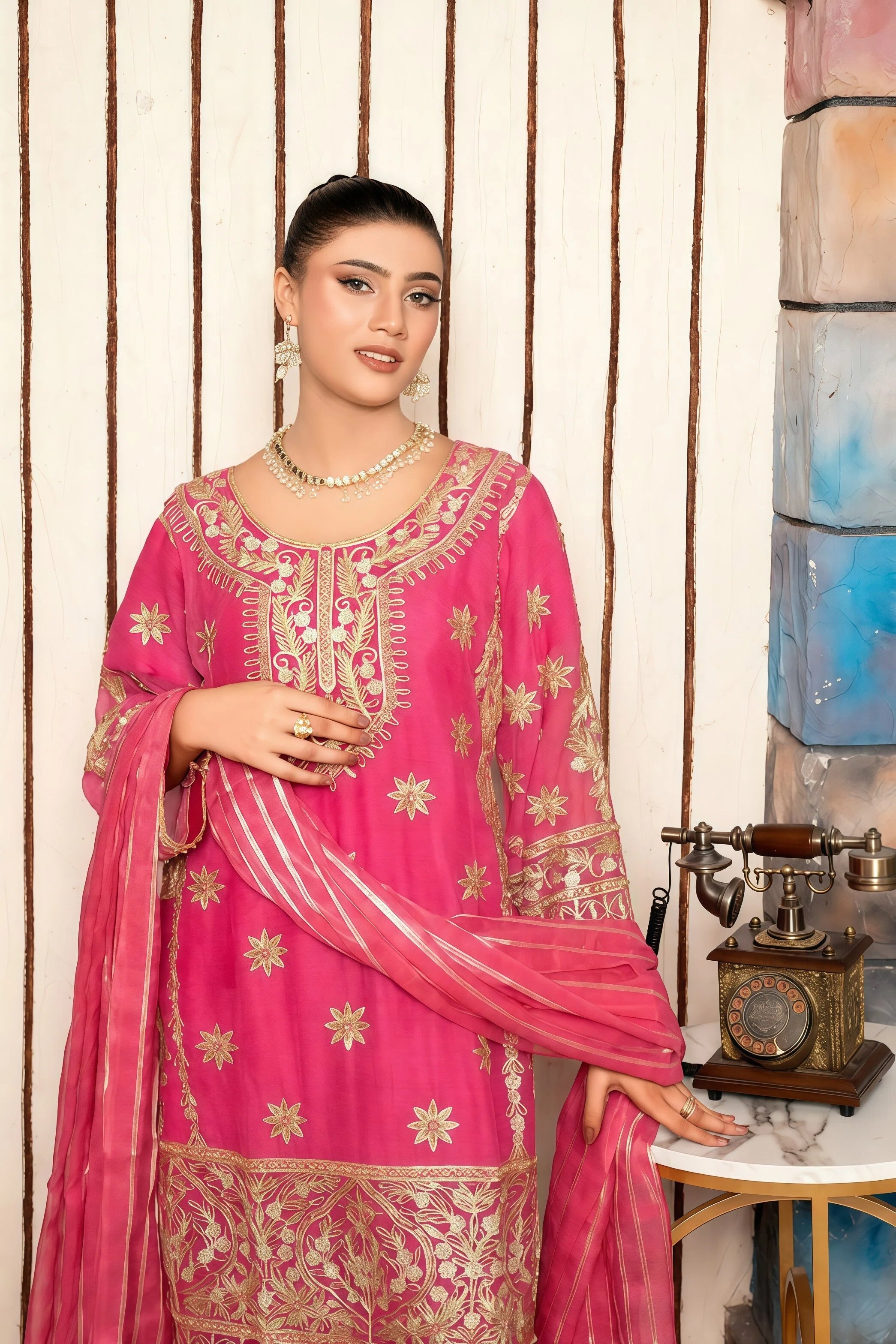 Chiffon Suit with Press Stones & Handwork – Stone & Handwork Close-Up | BG Creation | KV-826