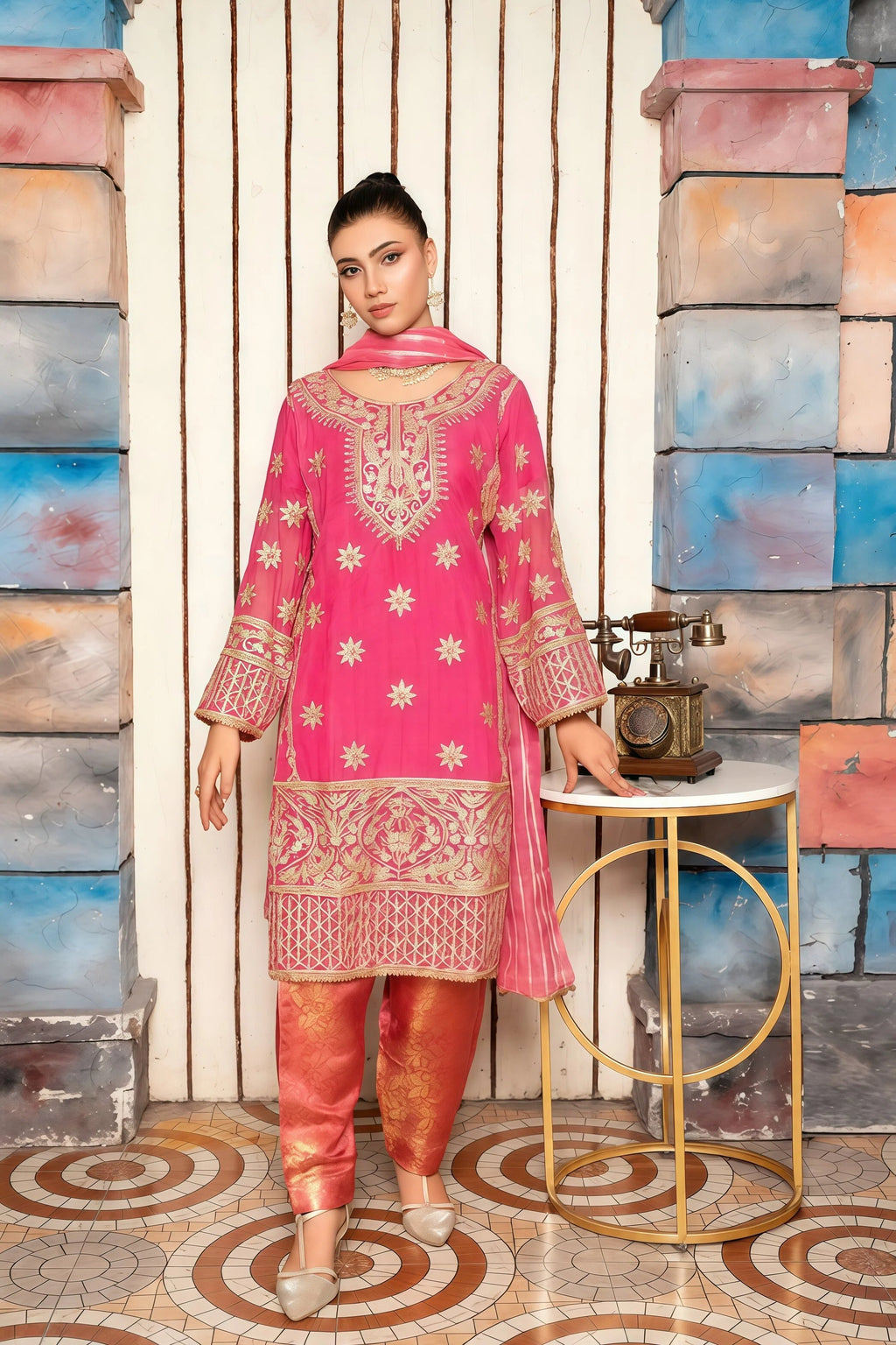Chiffon Suit with Press Stones & Handwork – Front View | BG Creation | KV-826
