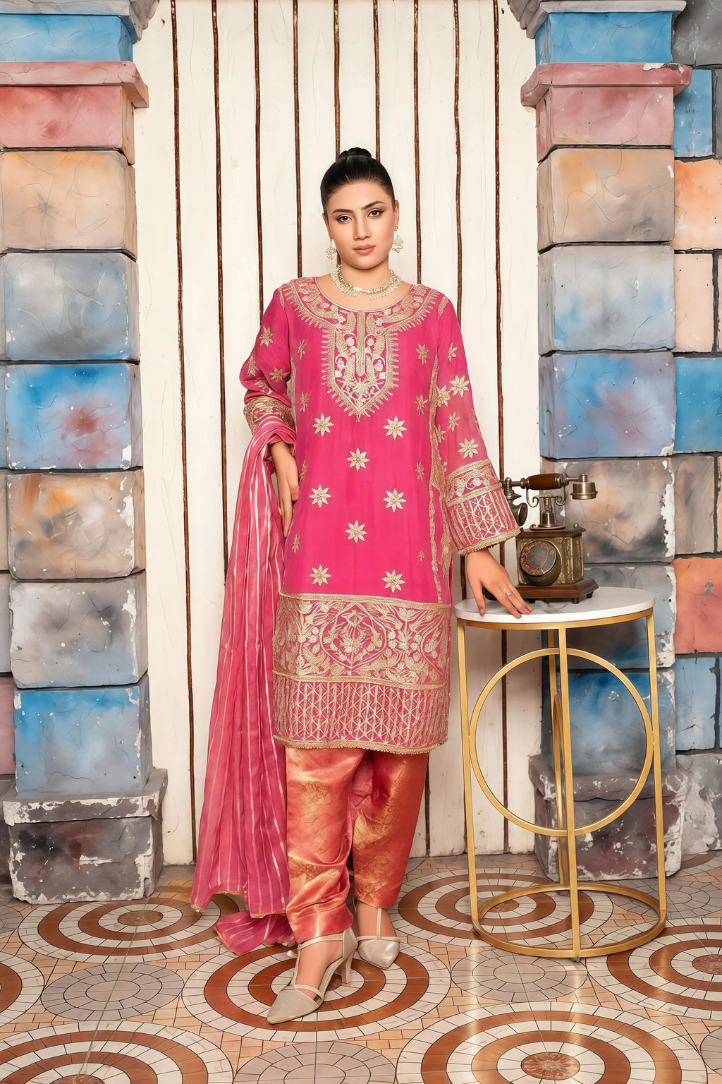 Chiffon Suit with Press Stones & Handwork – Front Full View | BG Creation | KV-826