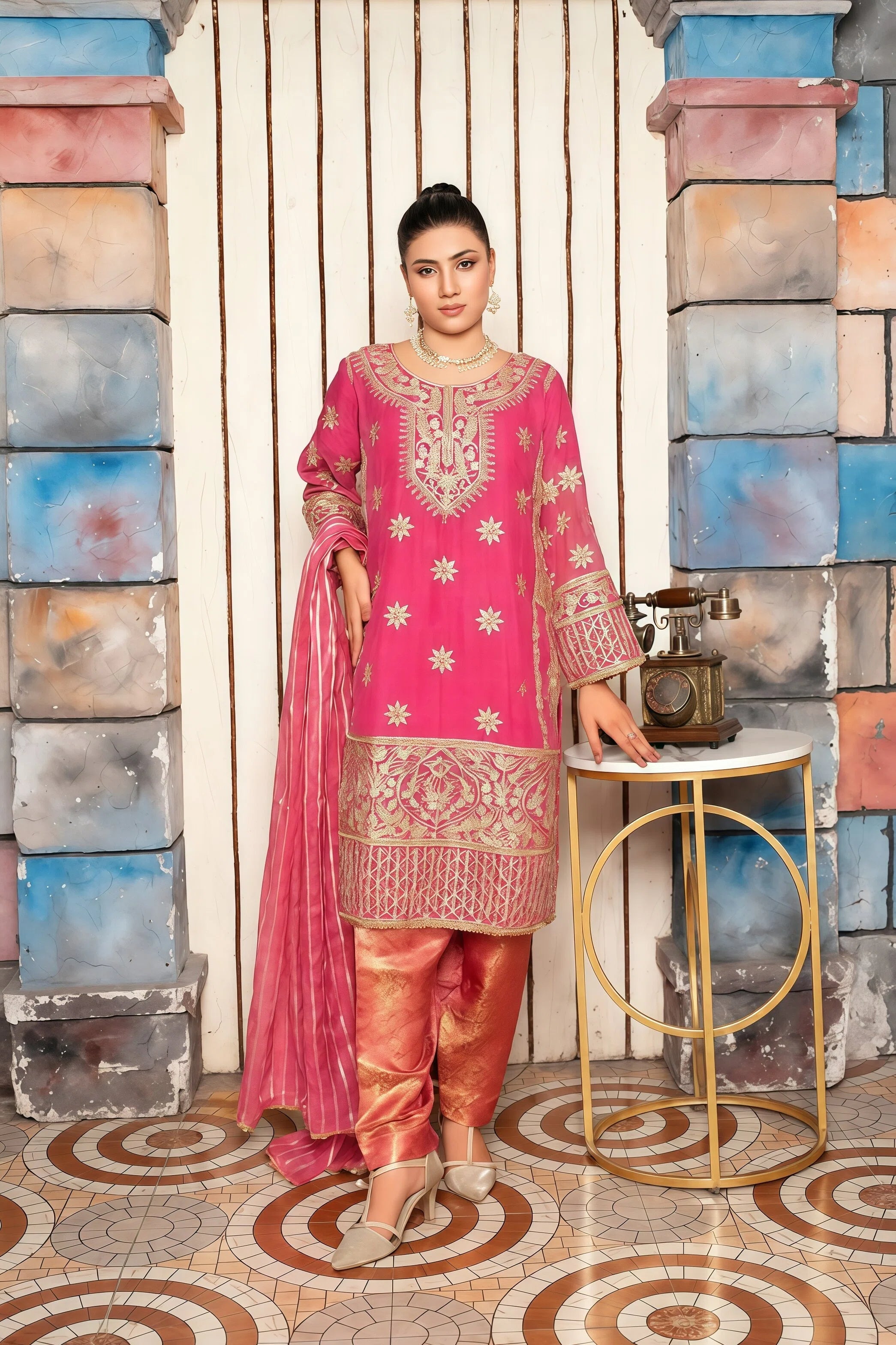 Chiffon Suit with Press Stones & Handwork – Front Full View | BG Creation | KV-826