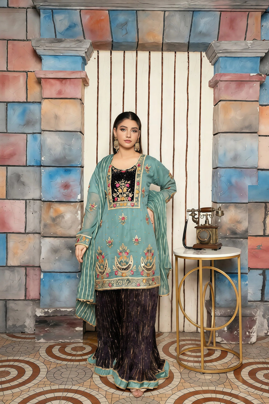 Chiffon Suit with Handmade Embroidery & Crush Sharara – Front View | BG Creation | PR-842