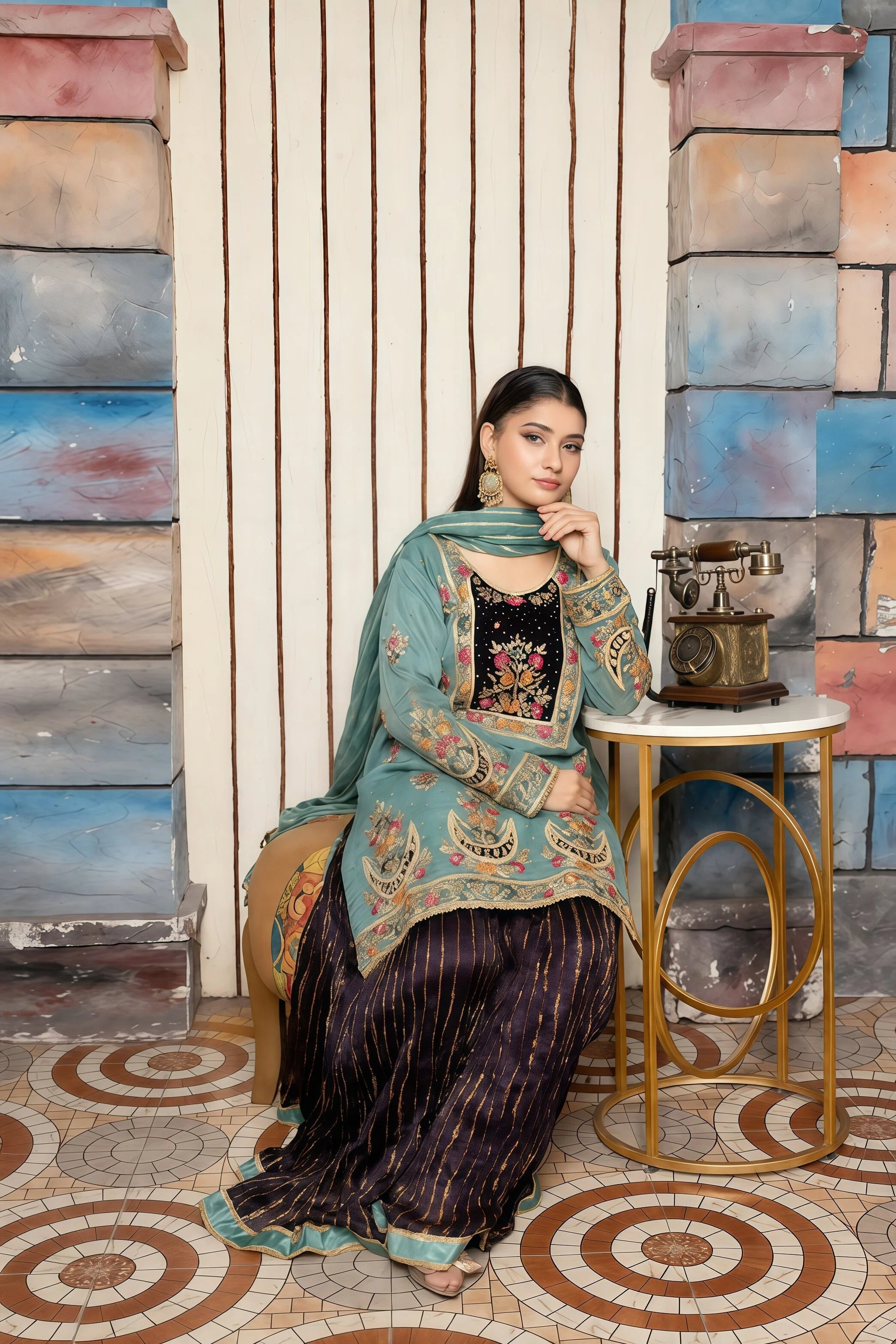 Chiffon Suit with Handmade Embroidery & Crush Sharara – Model Pose | BG Creation | PR-842