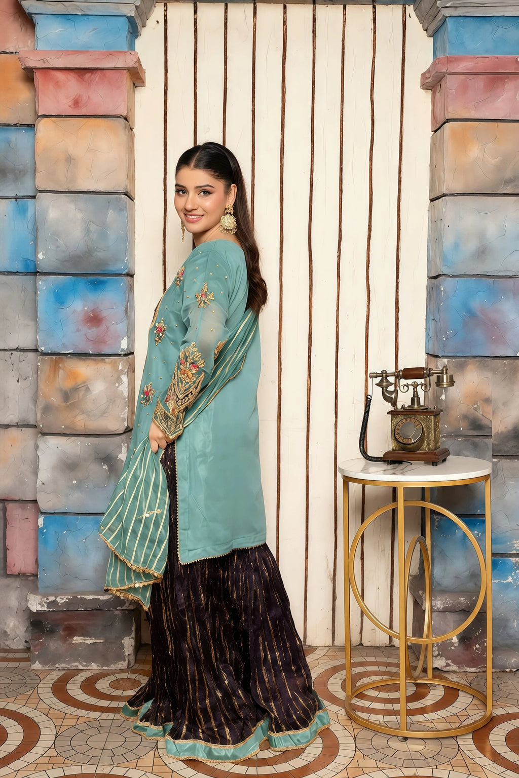 Chiffon Suit with Handmade Embroidery & Crush Sharara – Side View | BG Creation | PR-842