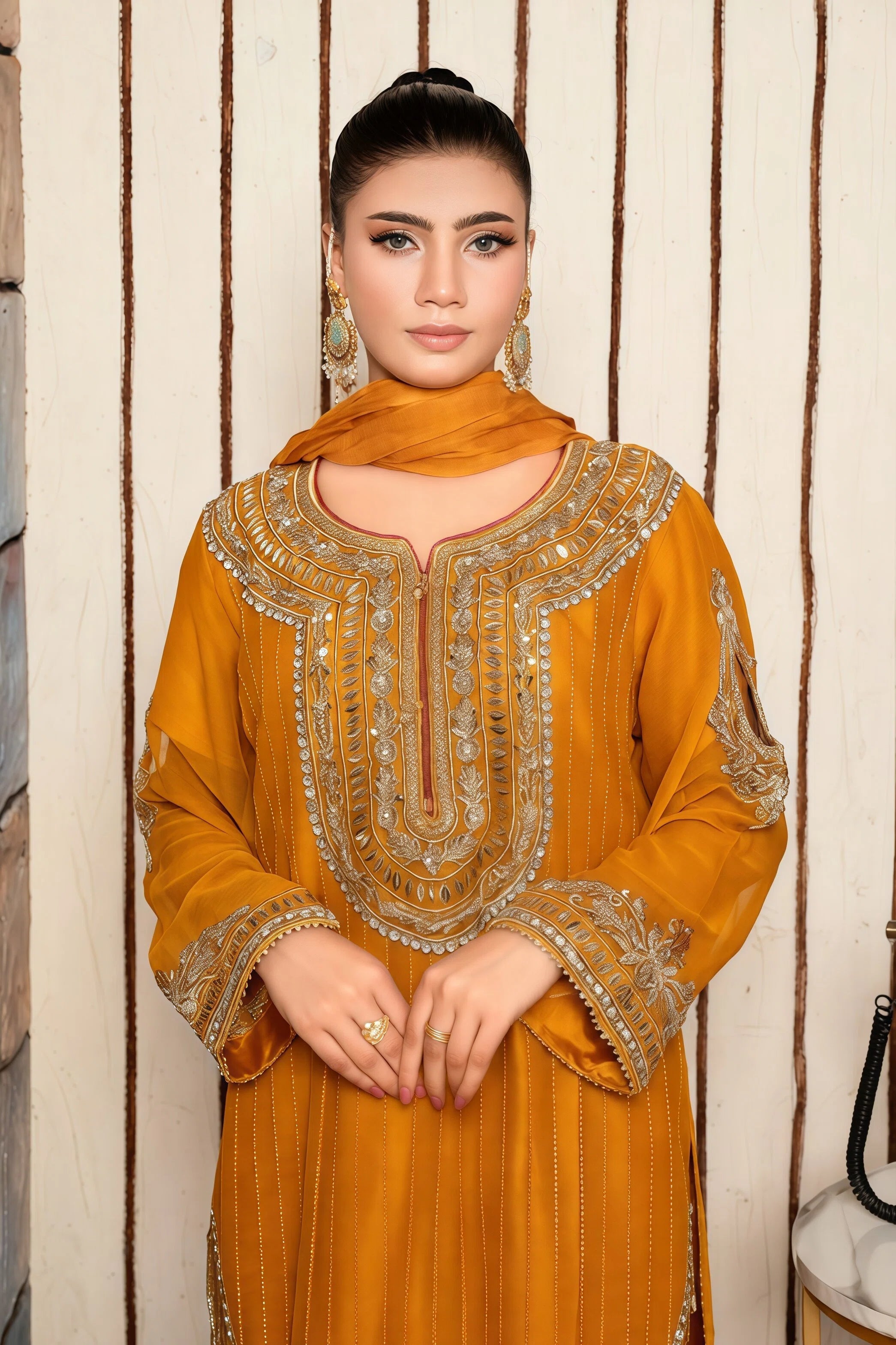 Luxury Chiffon Suit with Handmade Work & Silk Capri – Handwork Detail | BG Creation | RR-845