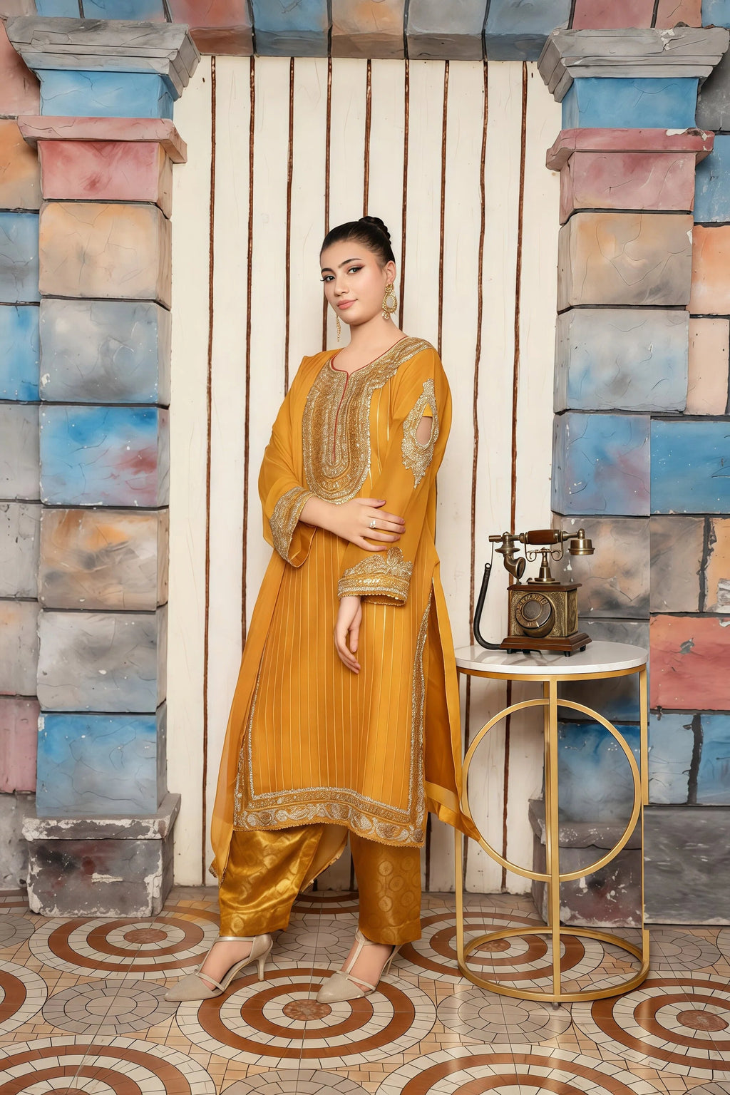 Luxury Chiffon Suit with Handmade Work & Silk Capri – Front View | BG Creation | RR-845