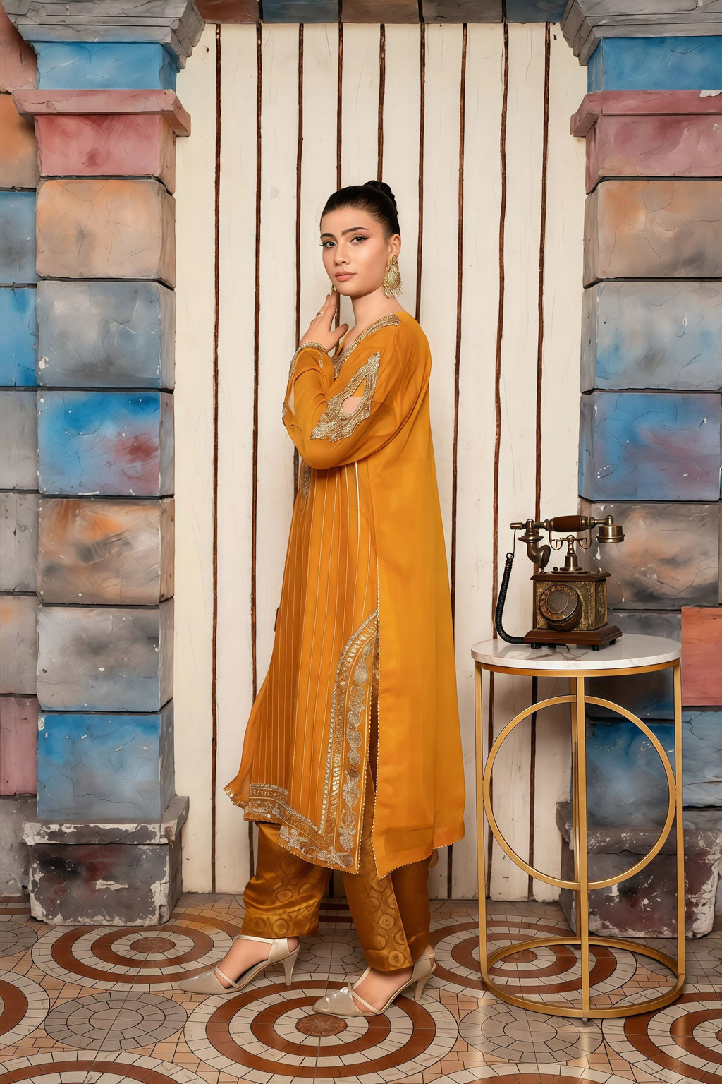 Luxury Chiffon Suit with Handmade Work & Silk Capri – Side View | BG Creation | RR-845