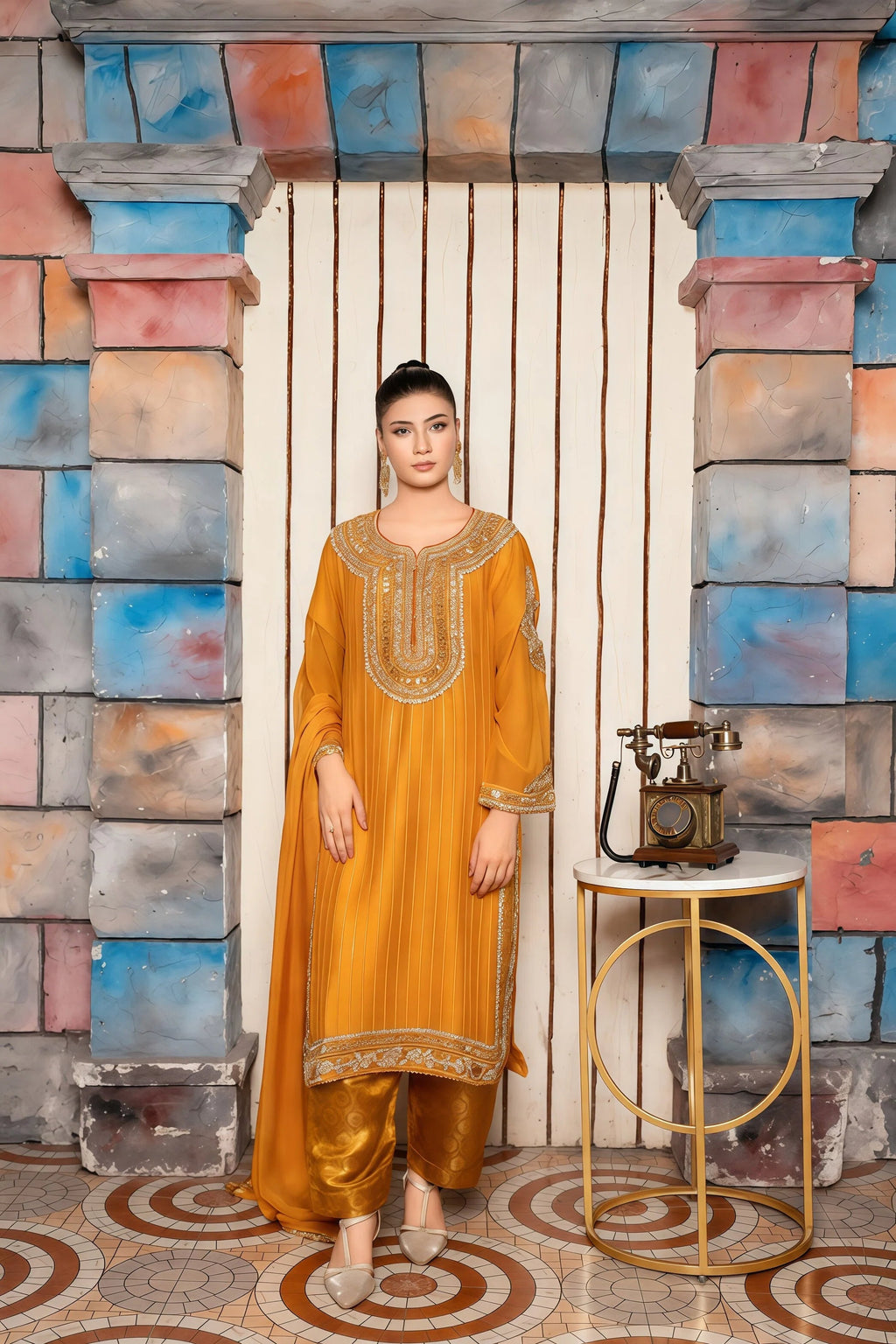 Luxury Chiffon Suit with Handmade Work & Silk Capri – Full View | BG Creation | RR-845