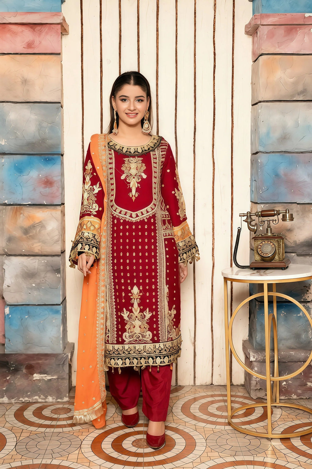 Festive Chiffon Suit with Applic & Stones – Front View | BG Creation | RV-838