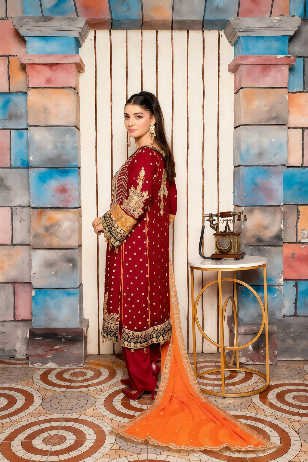 Festive Chiffon Suit with Applic & Stones – Side View | BG Creation | RV-838
