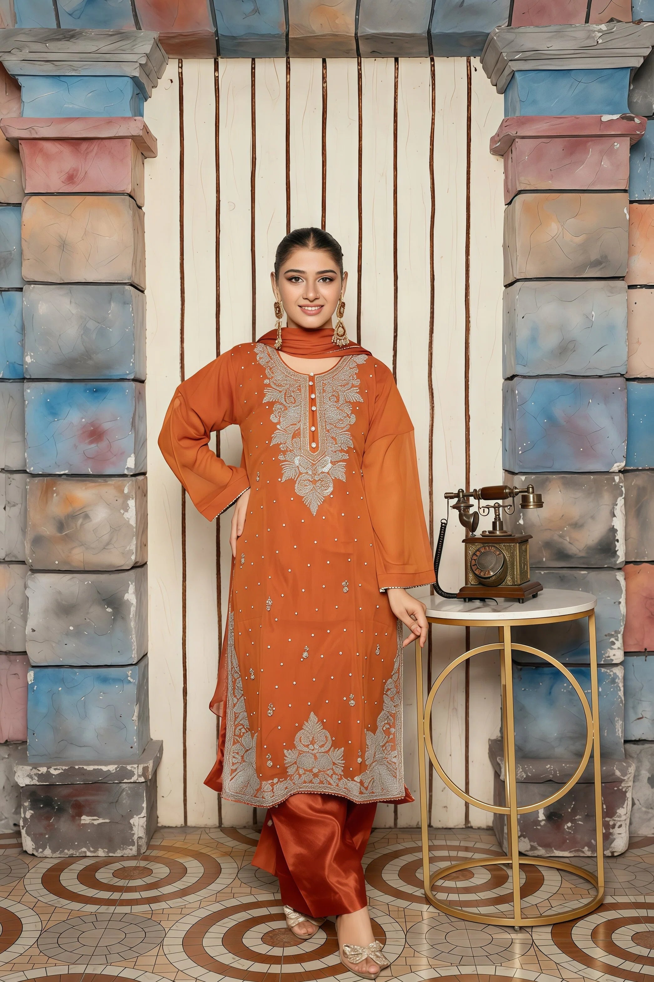 Designer Chiffon Suit with Handmade Detailing – Front View | BG Creation | LU-836